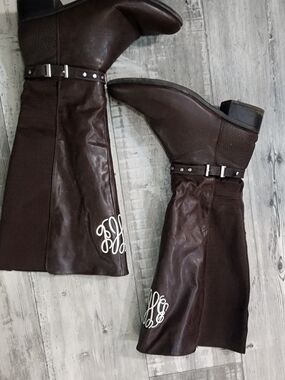 Wide Calf, Brown Leather Tall Boots with White Monogram bhl Monogram